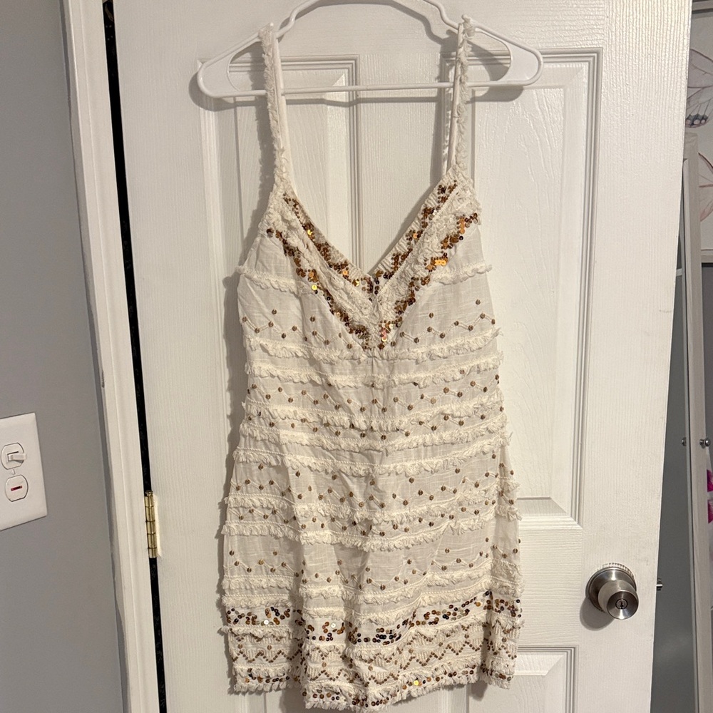 Anthropologie Cream Lace-Trim Spaghetti Strap Dress